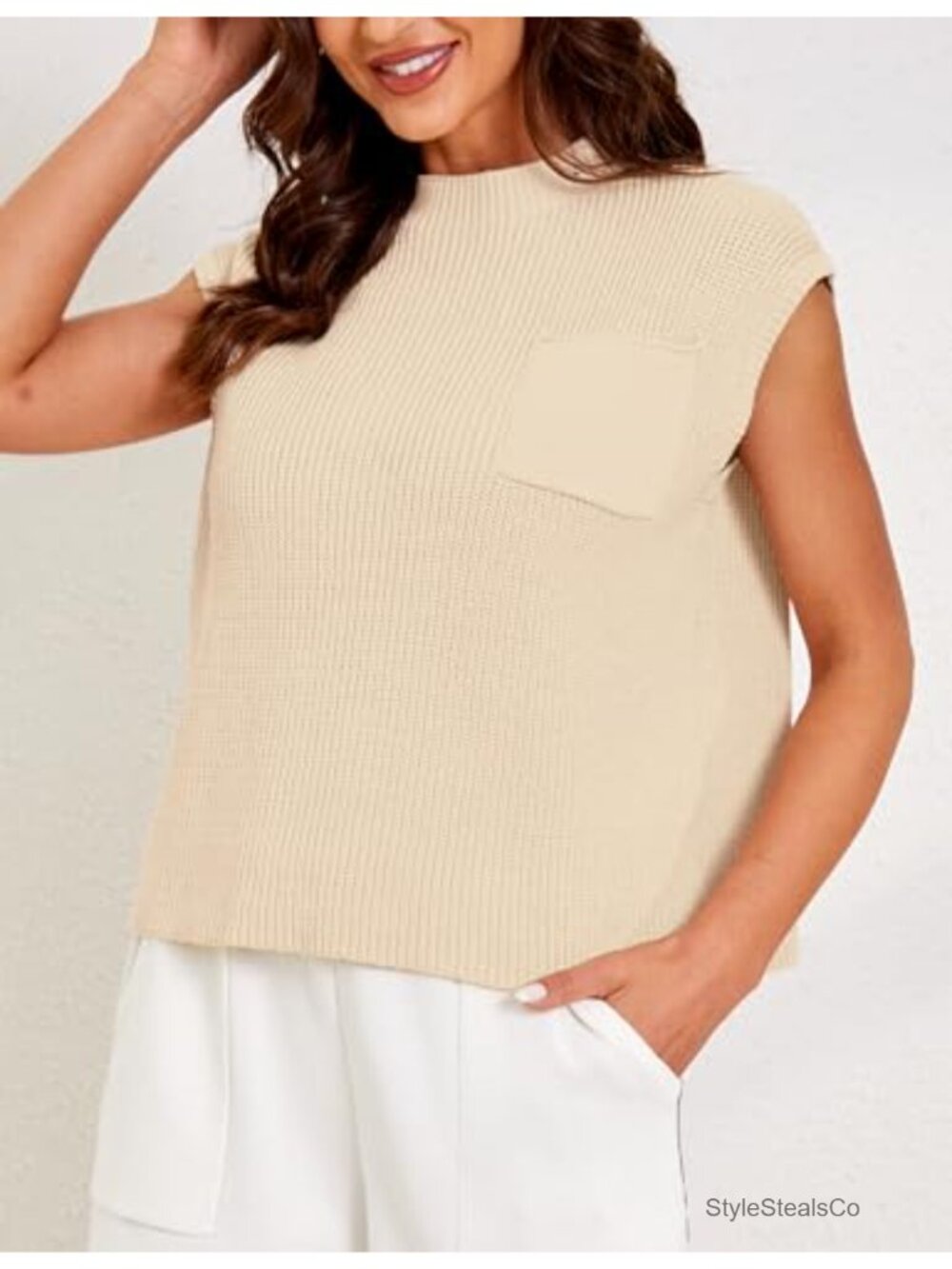 Women's Sleeveless Knit Sweater Vest Mock Neck Cap Sleeve Boxy Fit Pullover - Picture 2 of 6